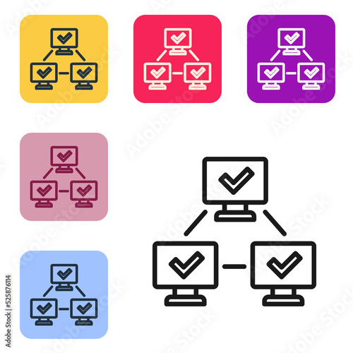 Black line NFT blockchain technology icon isolated on white background. Non fungible token. Digital crypto art concept. Set icons in color square buttons. Vector