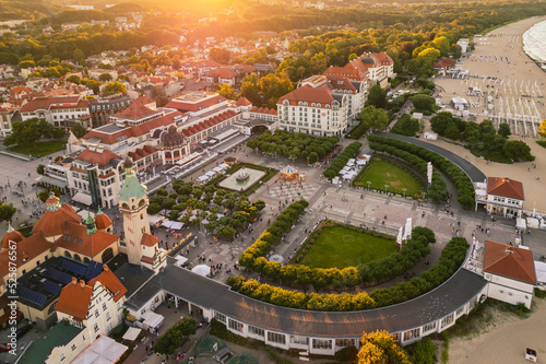 Aerial view of Sopot and the buildings of the seaside village. A warm summer afternoon creates a pleasant atmosphere in the photo.