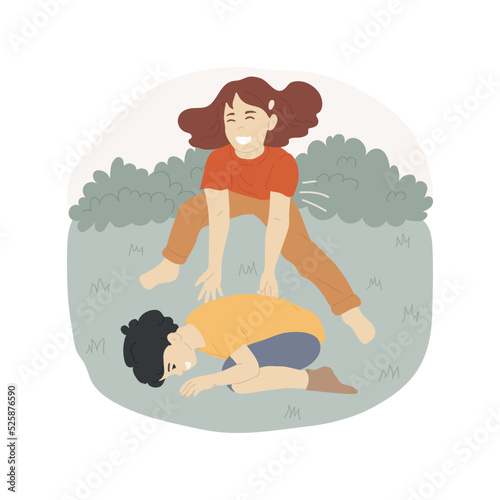 Play leapfrog isolated cartoon vector illustration. Children outdoor activity, kids playing leapfrog game, one child jumping over another, family leisure time, playground fun vector cartoon.