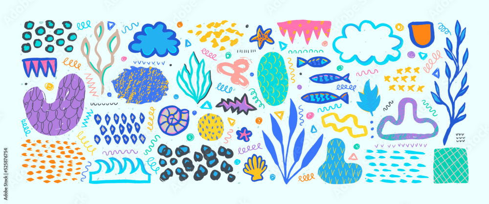 Hand drawn grunge doodles set. Big collection of abstract modern elements and shapes. Tropical vacation. Underwater fish, shells and plants.