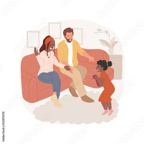 Play charades isolated cartoon vector illustration. Family playing charades, child making funny pose, parents laughing, leisure time at home, people sitting in the living room vector cartoon.