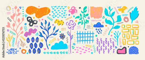 Hand drawn grunge doodles set. Big collection of abstract modern elements and shapes. Boho style plants, shapes and ornaments set.