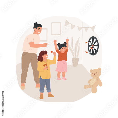 Family darts tournament isolated cartoon vector illustration. Family playing game, aiming in the center, throwing darts, home tournament, dartboard in living room, leisure time vector cartoon.