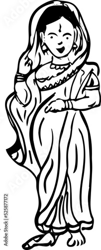 Indian village woman wearing saree doodle cartoon, Indian woman character, Indian girl mascot, village girl silhouette