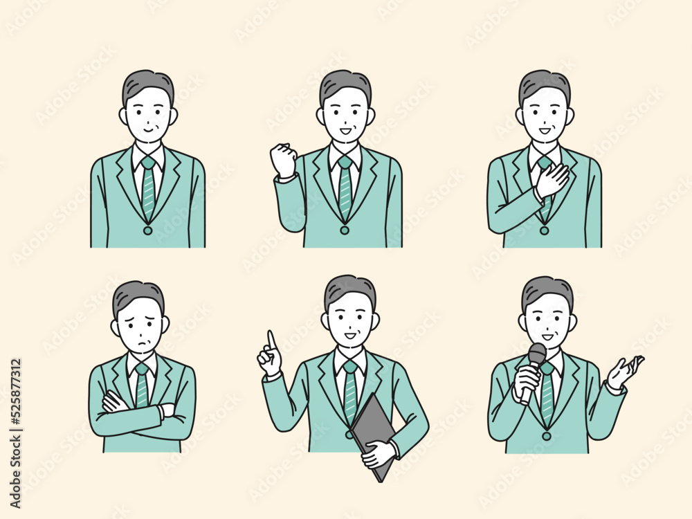 中年　ミドル　スーツ姿の男性　会社員　ビジネスマン　セット　イラスト