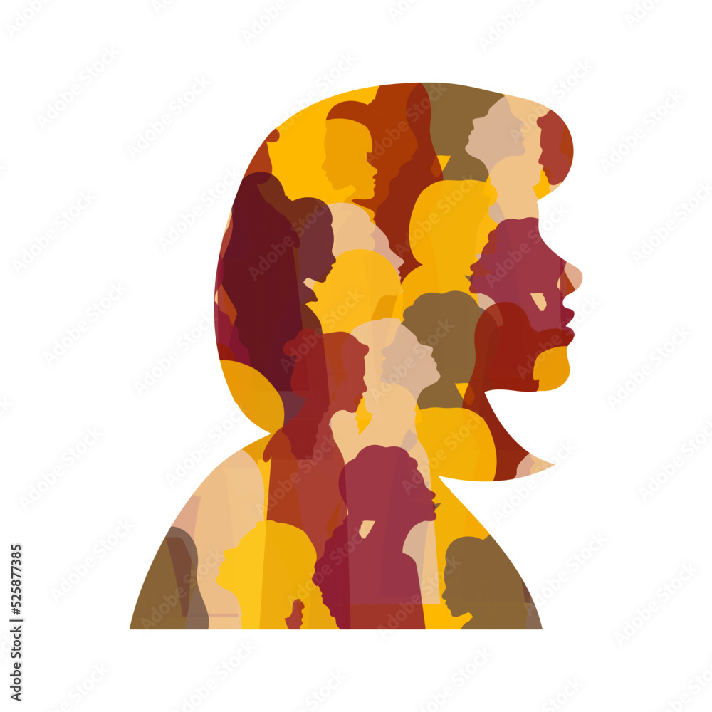 Women's day poster with a woman's silhouette and a pattern of different nationalities of women inside the silhouette. Pattern of translucent different women in profile. Vector seamless drawing.