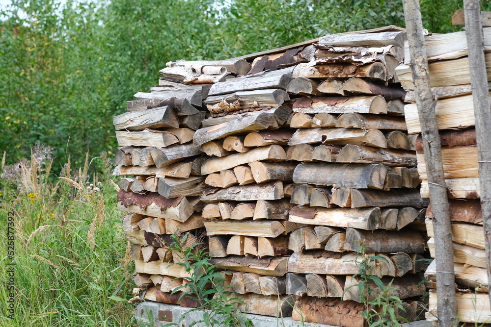 Logs on the grass. Firewood. Birch firewood from hardwoods. Preparation of firewood for the heating season. Natural fuels, firewood for burning in the stove or fireplace Logs on the grass. Firewood. Birch firewood from hardwoods. Preparation of firewood for the heating season. Natural fuels, firewood for burning in the stove or fireplace