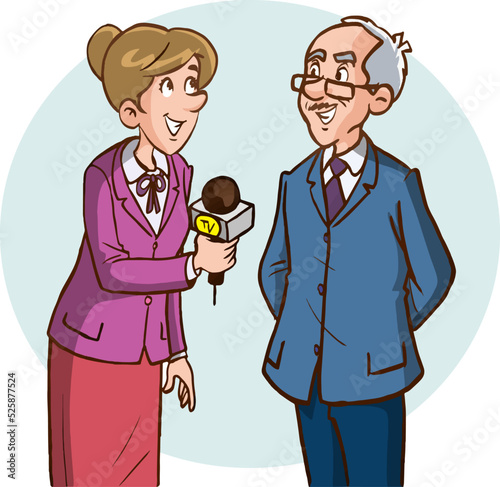 female journalist doing street interview vector illustration