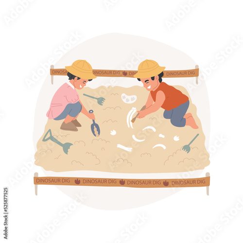 Dinosaur excavation site isolated cartoon vector illustration. Excavation site playground, children digging in sand, dinosaur dig toy, kids leisure time, diy activity, dino game vector cartoon.