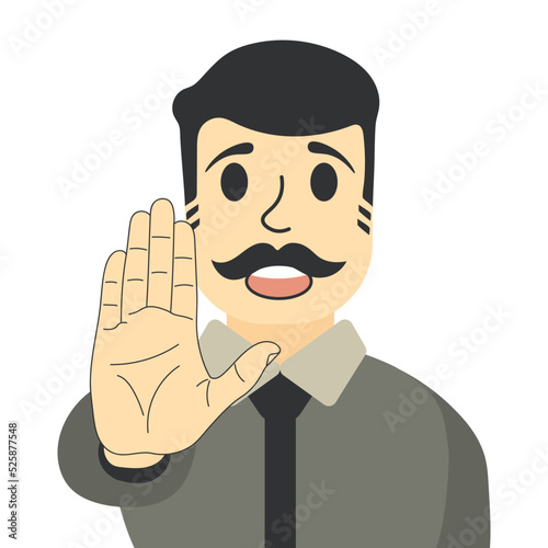 Man says and shows stop with his hand. Human gives high five. Male shows stop gesture. Young man showing palm as stop sign, stay, hold or rejection gesture. Emotion and body language concept. Vector