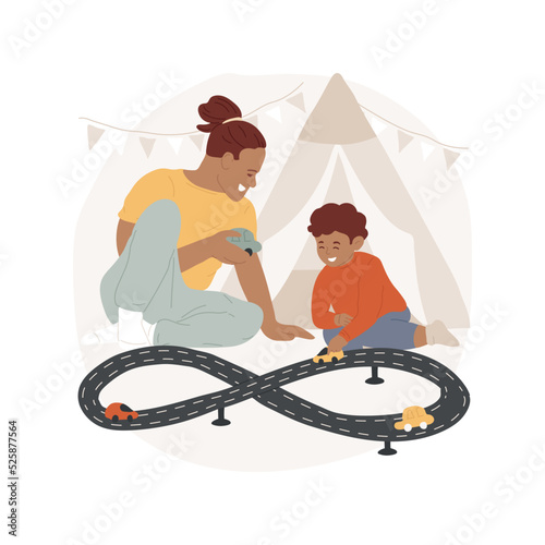 Car race game isolated cartoon vector illustration. Toy racetrack in living room, children playing with little cars, family leisure time, father sitting with kids on the floor vector cartoon.