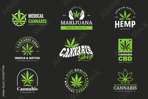 Collection of Medical Cannabis emblem. Marijuana badges set with hemp leaf and typography. Design element for label, branding, business. Vector illustration.