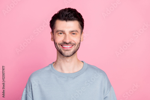 Portrait of satisfied glad person toothy beaming smile have good mood isolated on pink color background