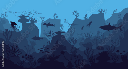 silhouette of coral reef with fish on blue sea background underwater vector illustration	
