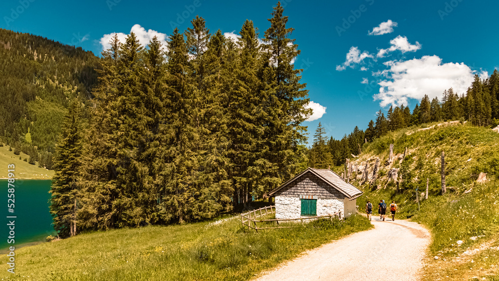 Beautiful alpine summer view with a wooden hut at the famous Vilsalpsee, Tannheimer Tal valley, Tannheim, Tyrol, Austria Beautiful alpine summer view with a wooden hut at the famous Vilsalpsee, Tannheimer Tal valley, Tannheim, Tyrol, Austria