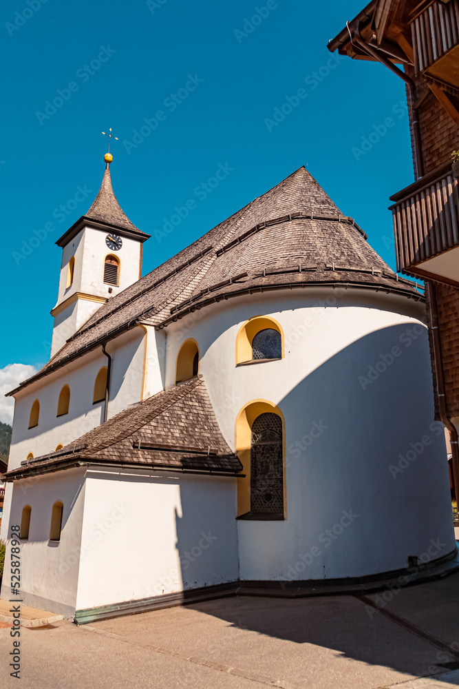 Beautiful church on a sunny summer day at the famous Tannheimer Tal valley, Zoeblen, Tyrol, Austria