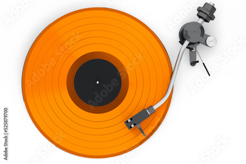 Vinyl record player or DJ turntable with retro vinyl disk on white background. photo