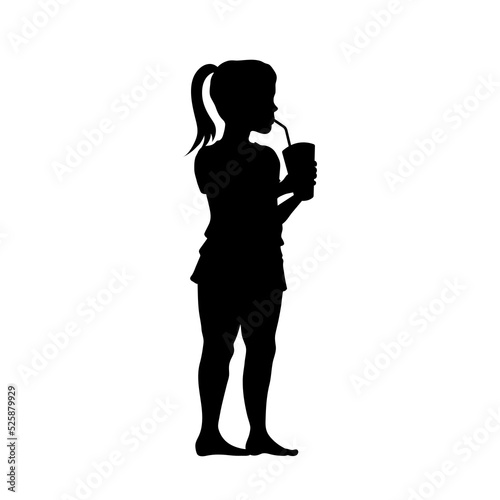 Kid drinks juice. Black silhouette of girl with cocktail. Child with fresh glass. Childhood scene.
