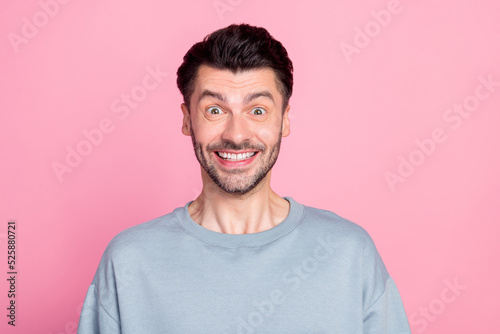 Photo of positive astonished guy beaming smile cant believe reaction isolated on pink color background © deagreez