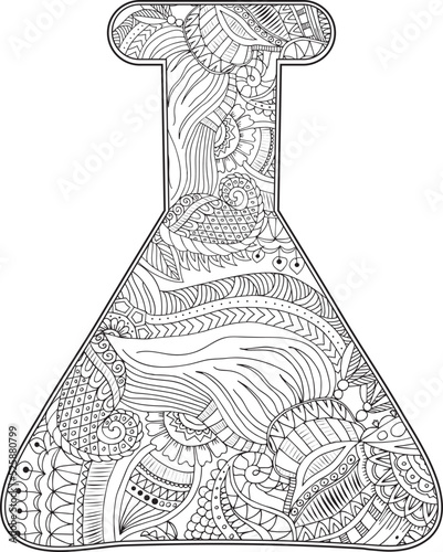 Black and white laboratory test tube filled with a Zentangle pattern. Designed as a coloring page, featuring intricate details for a relaxing and creative experience.

