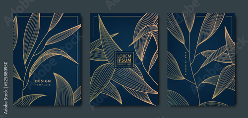Vector japanese background with Gold texture. Luxury black wavy line pattern. Premium backdrop for business layout, texture for print, poster, book, cover. Leaves, plant, nature