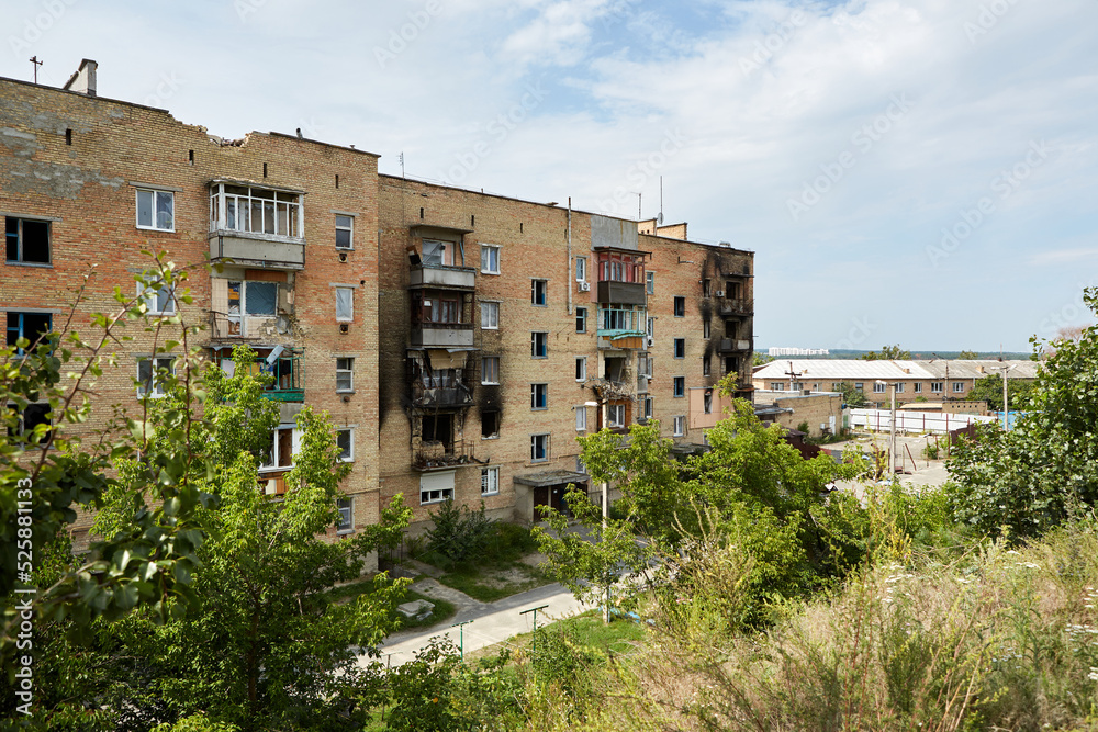 Horenka, Ukraine - August 25, 2022: the consequences of russian invasion in Kyiv region near Gostomel. Civil buildings were bombed and heavily damaged