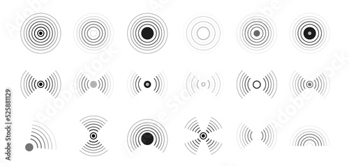 Sonar or radar sound waves set. Wave sonar. Radio waves. Concentric sound circle.  Internet connection. Noise and energy from speaker. 