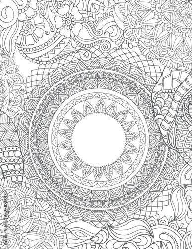 Zentangle adult coloring book relax page with oriental mandala in the flower