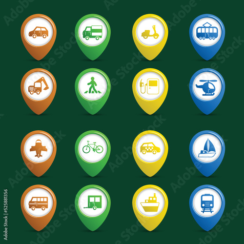 Transportation vehicles navigation pins set of car truck bus pedestrian isolated vector illustration