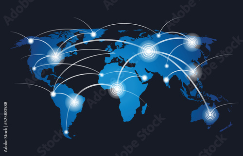 World map with global technology or social connection network with nodes and links vector illustration