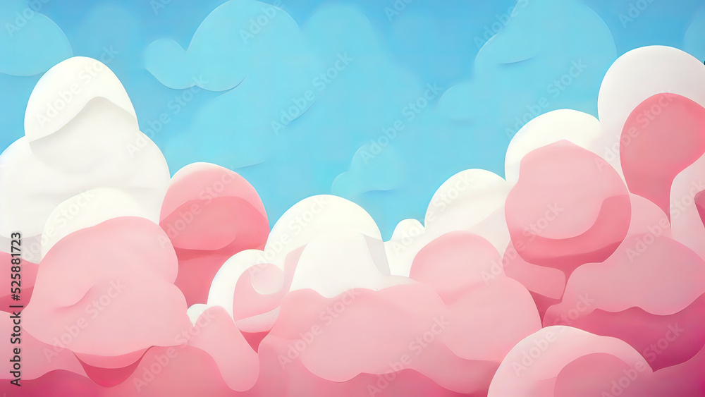 Candy cotton pink clouds. Cartoon doodle of the sky. Colorful empty background. Abstract minimal cute backdrop.