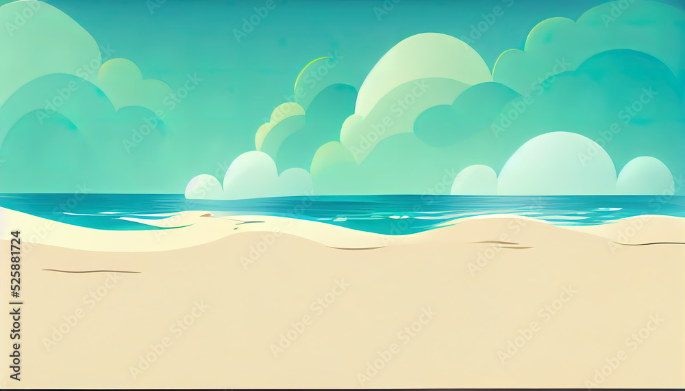 Beach cartoon background. Minimal backdrop of the ocean for children. Fun digital painting, of the sea. Drawing of sand and water. High quality wallpaper.