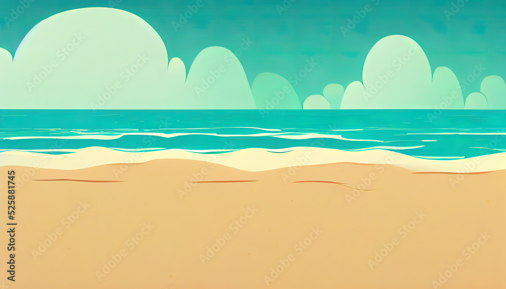 Beach cartoon background. Minimal backdrop of the ocean for children. Fun digital painting, of the sea. Drawing of sand and water. High quality wallpaper.