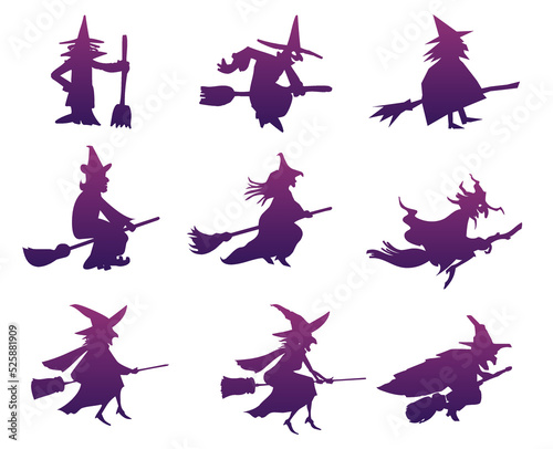 Set of silhouettes of Halloween witches with brooms