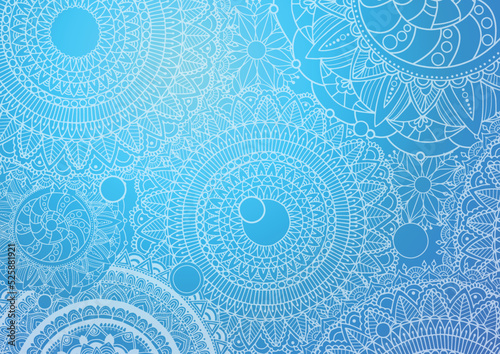 Floral abstract pattern. Blue background with white outline mandala flowers.
