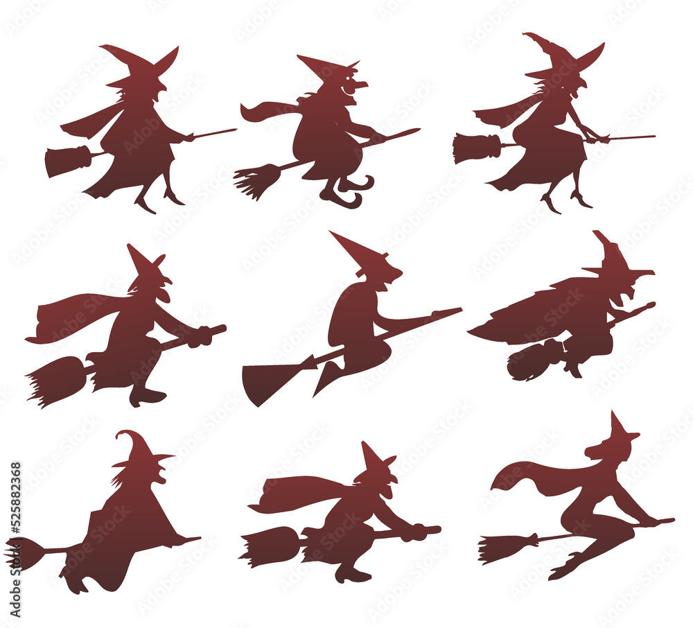Set of silhouettes of Halloween witches flying on a broomstick
