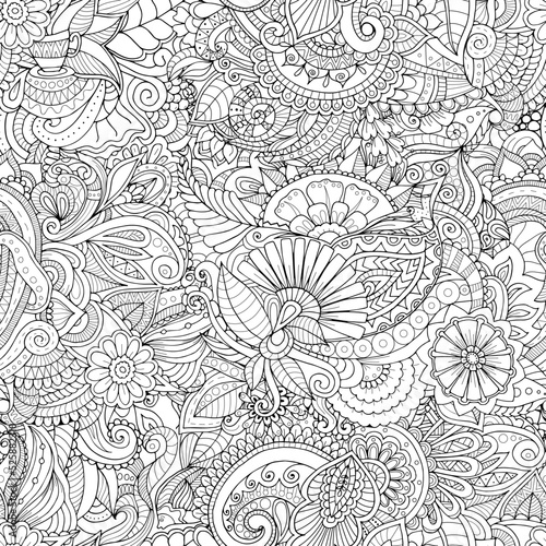 Floral seamless pattern. Outline sketch contour drawing, line art. Abstract pattern for coloring page, wallpaper, background
