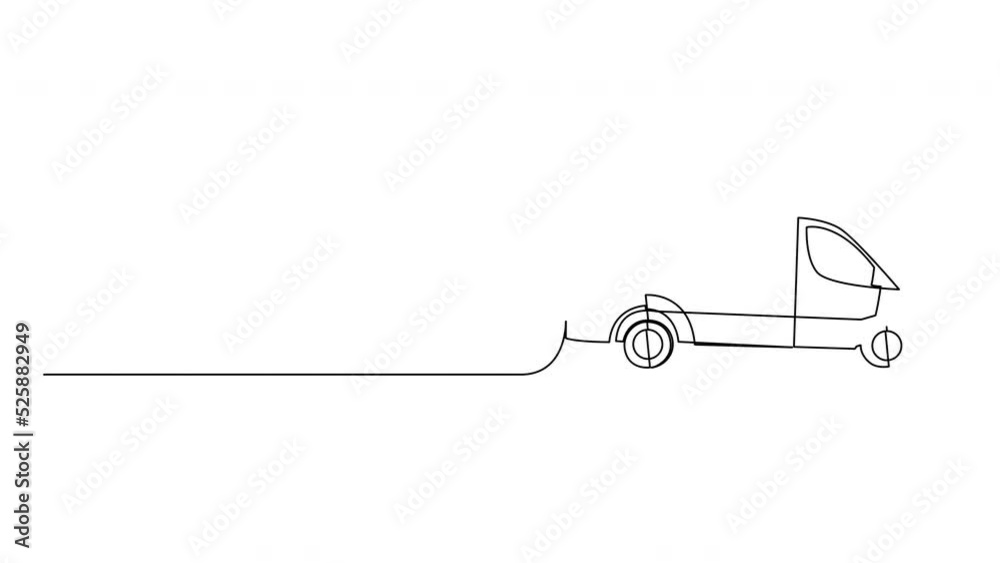 Self drawing animation of cargo van with open doors. Continuous one line drawing.