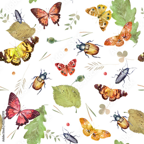 Watercolor illustration. Pattern of butterflies, beetles, leaves, herbs and plant branches. Watercolor freehand drawing of flowers on a white background. © Margosoleil