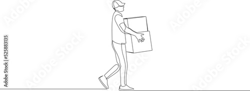 Continuous line drawing of man courier with boxes in his hands wearing cap. Concept of fast delivery. Vector illustration.