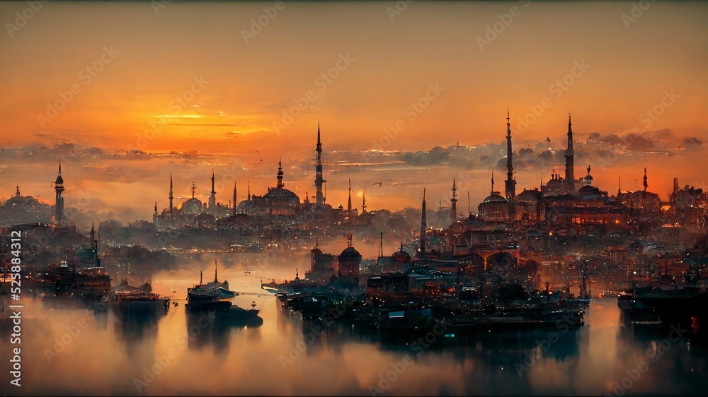 Panoramic view of Istanbul on sunset with gorgeous historical mosques.