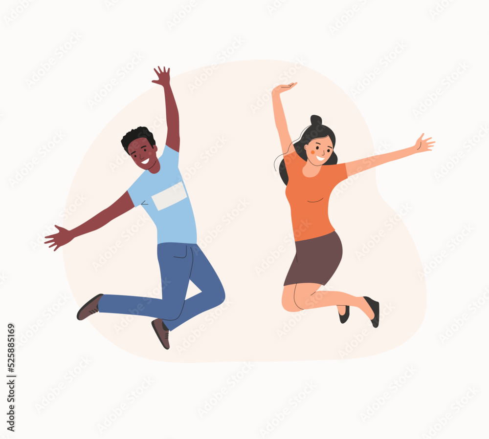 Young woman and man jumped up. People stand full body. Flat style cartoon vector illustration.