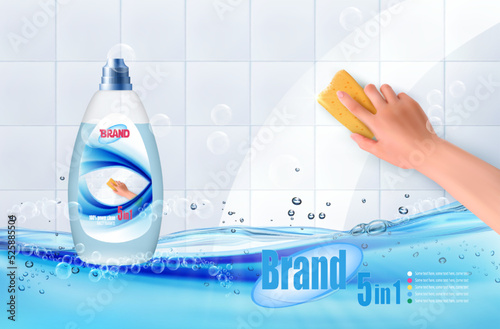 Hand holds a cleaning yellow sponge and wipes a soapy foam on a dirty white tiles befor and after. Ad template for tile cleaner, before and after detergent cleaning effect with bottle mock-up. Vector