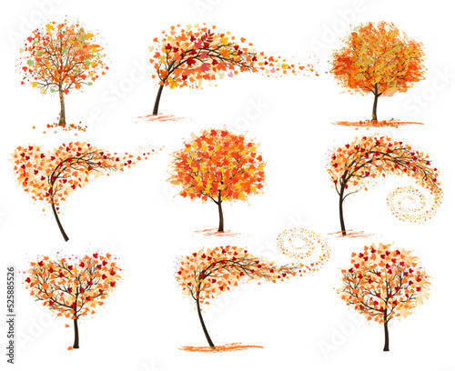 Hello a gold autumn. Set of Autumn Inspired Trees with Colorful Leaves. Vector illustration.