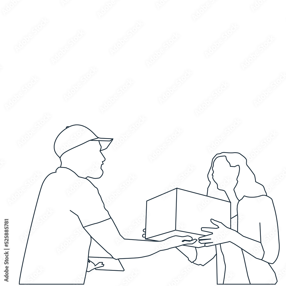 Courier making a delivery to a customer at her home line art illustration