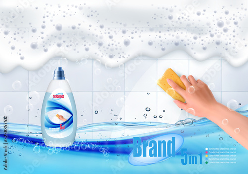 Hand holds a cleaning yellow sponge and wipes a soapy foam on a dirty white tiles befor and after. Ad template for tile cleaner, before and after detergent cleaning effect with bottle mock-up. Vector