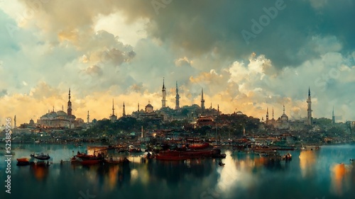 Oil painting style picture of Golden Horn, Istanbul, Turkey. photo
