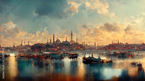 Amazing view of Istanbul, Turkey. Watercolor painting style.