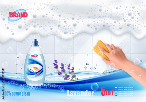 A hand holds a cleaning sponge and wipes soap suds on a dirty white tile before and after.
