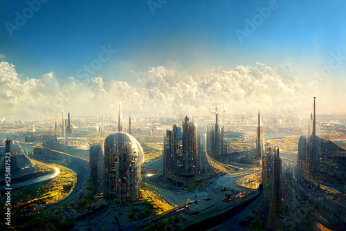 sunset over the futuristic city on alien planet  digital painting  concept illustration